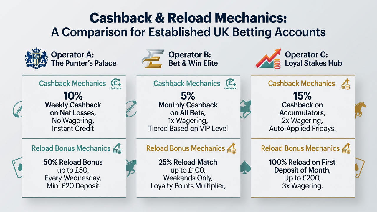 Infographic detailing reload bonus examples and cashback eligibility rules for long-term UK betting customers as of mid-2026